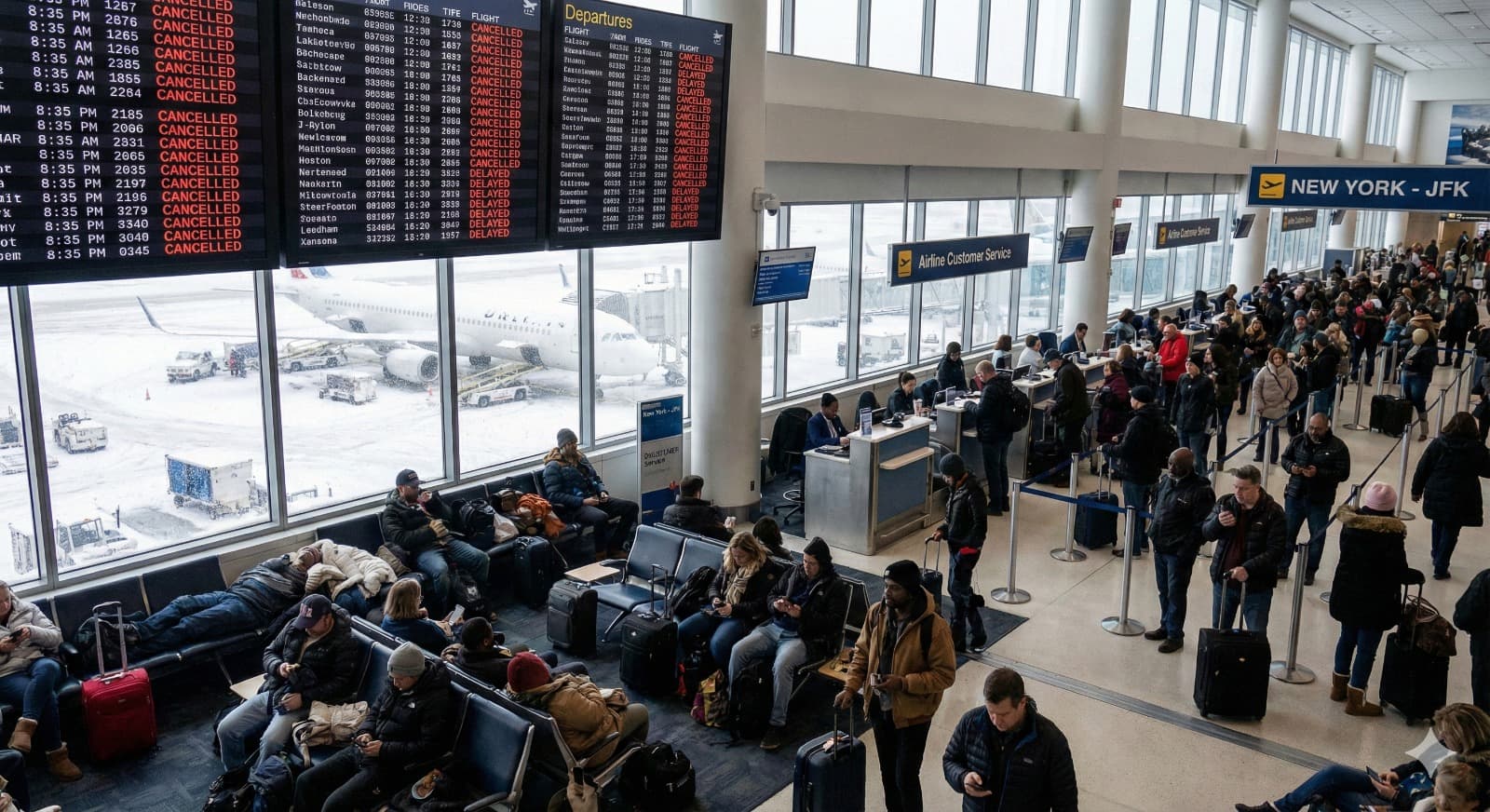 अमेरिका में 'विंटर स्टॉर्म डेविन' का कहर: 9,000 से अधिक उड़ानें प्रभावित, न्यूयॉर्क और शिकागो में यात्री बेहाल